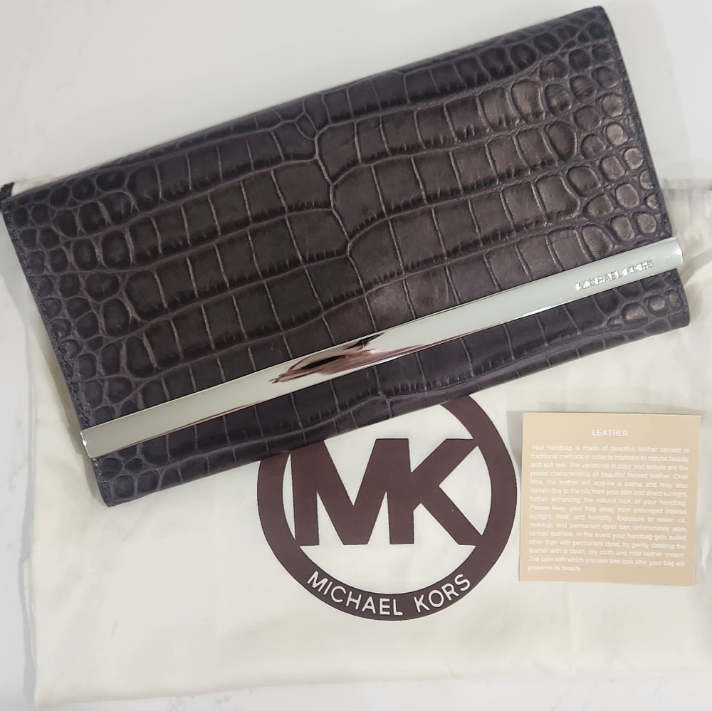 Michael Kors Crocodile Clutch / Shoulder Bag in Black/Gray with Silver Metal